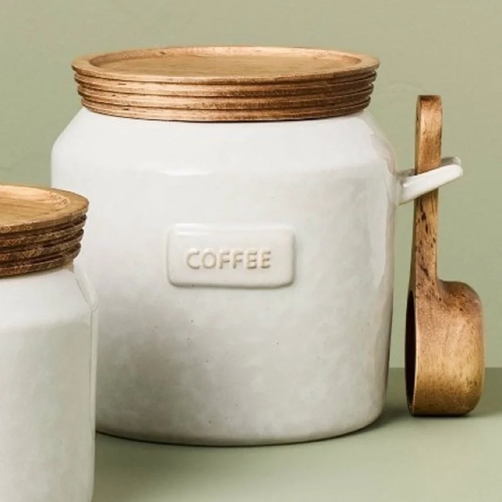 Hearth and Hand Cream Ceramic Coffee Canister with Wooden Lid and Scoop